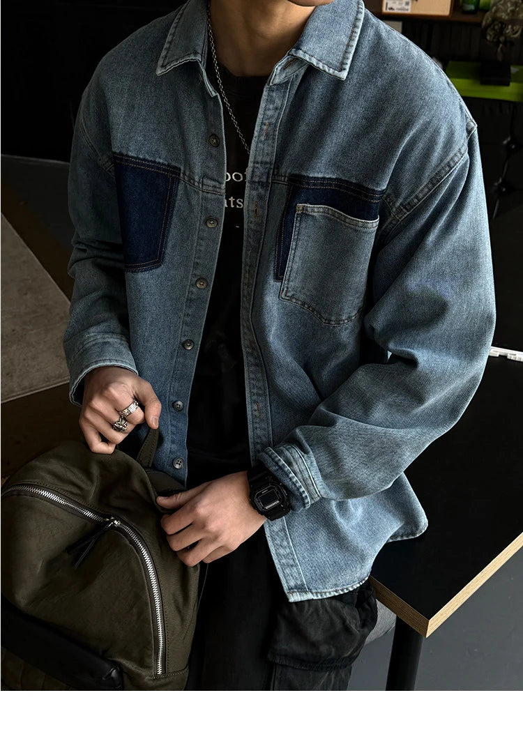 Mens High Quality Custom Weave Slub Deconstructed Patchwork Denim Shirt Trendy Distressed Wash Streetwear Casual Long Sleeve