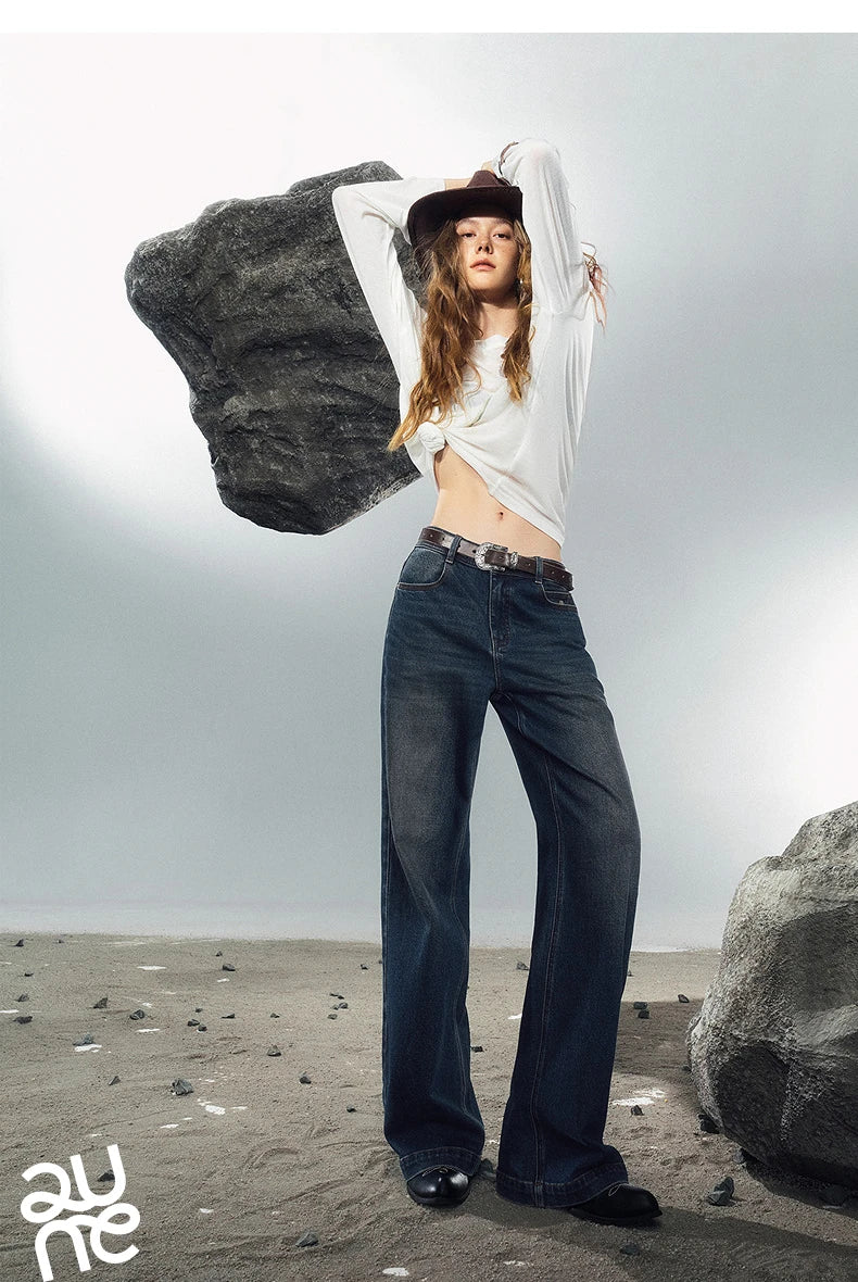 TOYOUTH Women Denim Jeans 2025 Autumn New Lycra Stretch Washed Wide Leg Straight Long Pants