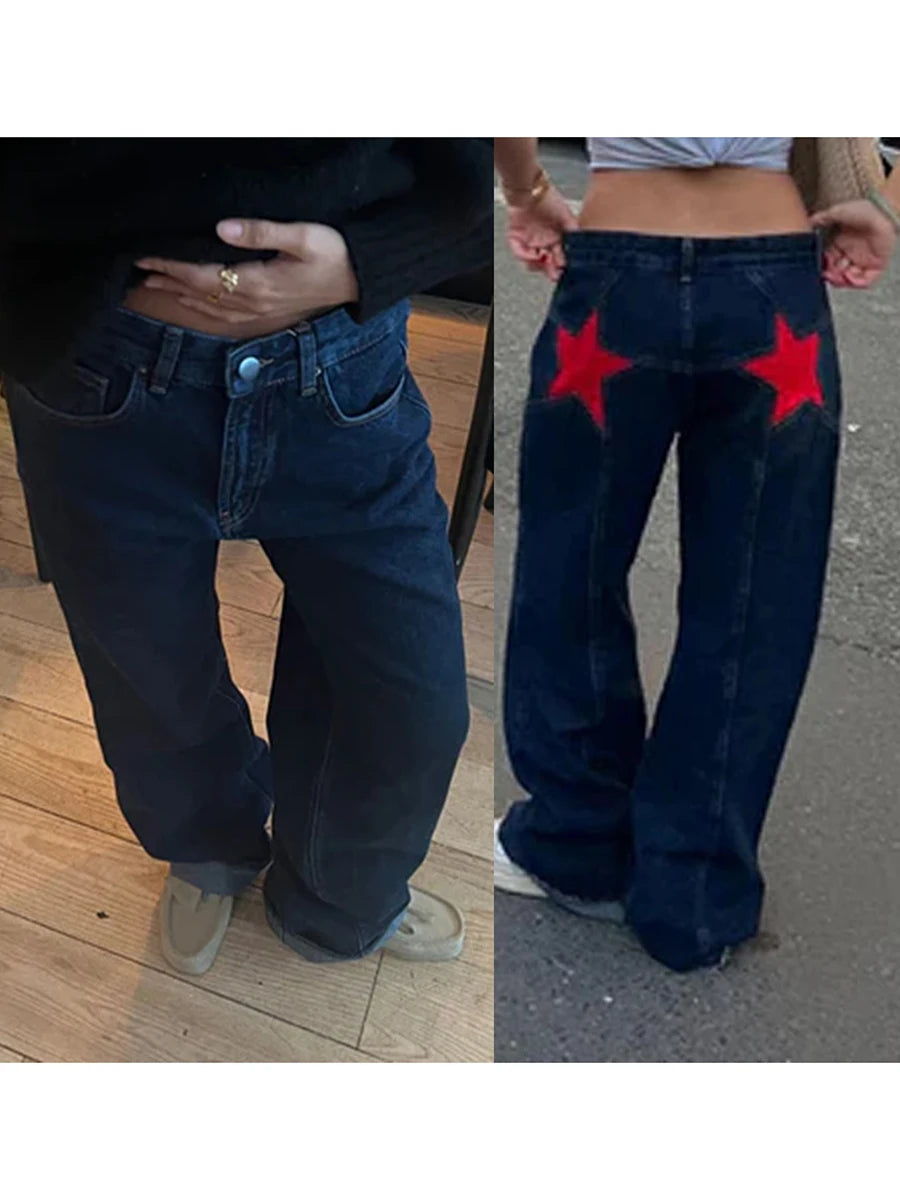 Women's Y2K Star Print Low-Rise Straight-Leg Jeans