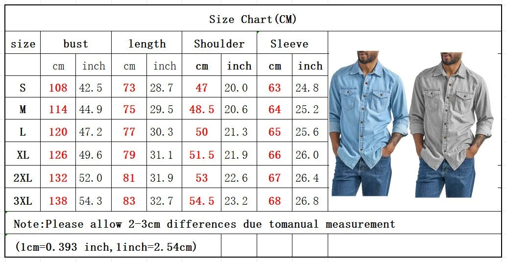 Men's Denim Shirt Slim Fit Light Blue Long Sleeve Casual Top with Two Chest Pockets Button Front Copper Buttons Washed Gray