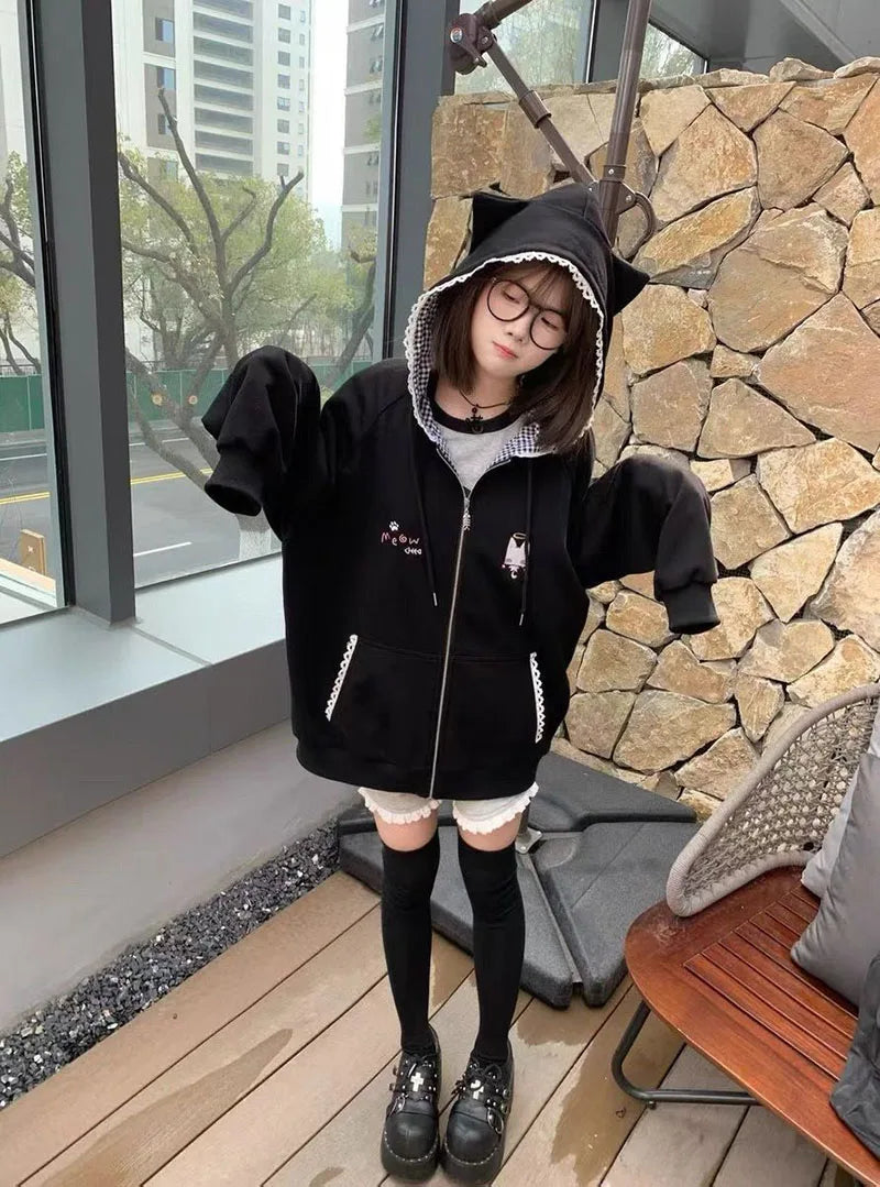 Women's Cute Cat Print Relaxed Zip-Up Hoodie