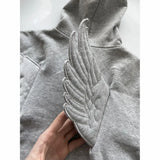 Women Grey Angel Wing Embroidered Hoodie Cute Kawaii Pullover Sweatshirt Wing Decoration Back Y2K Street Harajuku Loose Pullover