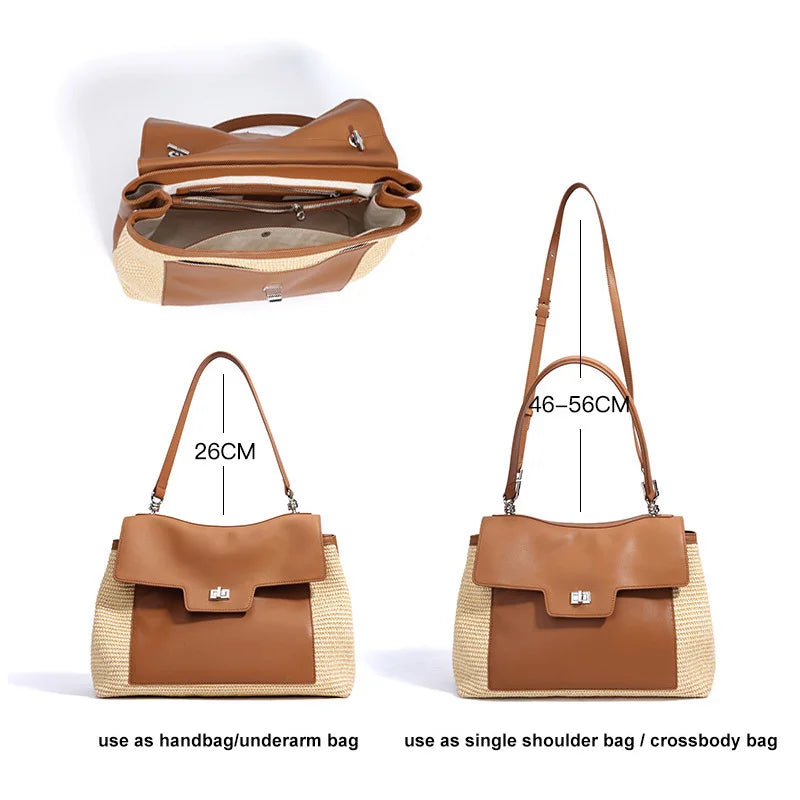 Summer 2026 Women's Raffia Woven Tote Bag Split Leather Crossbody Straw Messenger Bag Grass Weaving Shoulder Bag for Ladies New