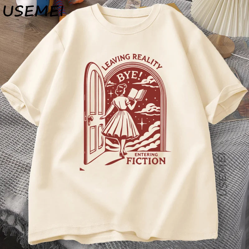 Leaving Reality Entering Fiction T Shirt Men Women Vintage Funny Bookish Book Lover Tshirt Woman Reading T-shirt Streetwear