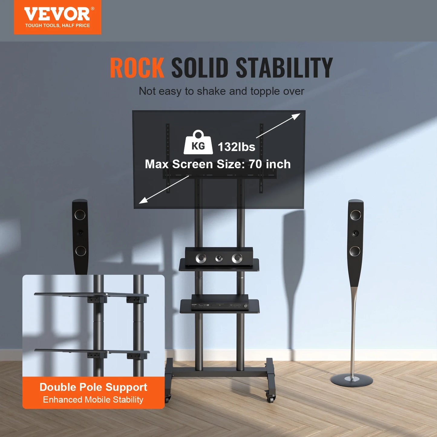 SucceBuy Mobile TV Stand Height Adjustable TV Stand w/ Wheels Double Tray for Audio-Visual Devices Rolling TV Stand for Bedroom