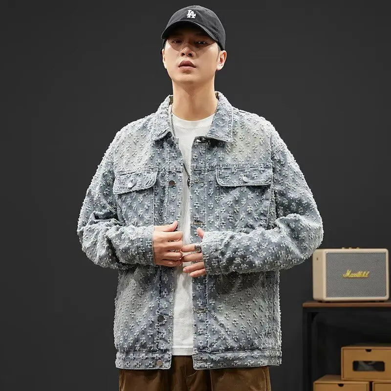 Fashionable Premium Jacquard Washed Denim Jacket for Men - Autumn New Arrival American Vintage Distressed Streetwear Style