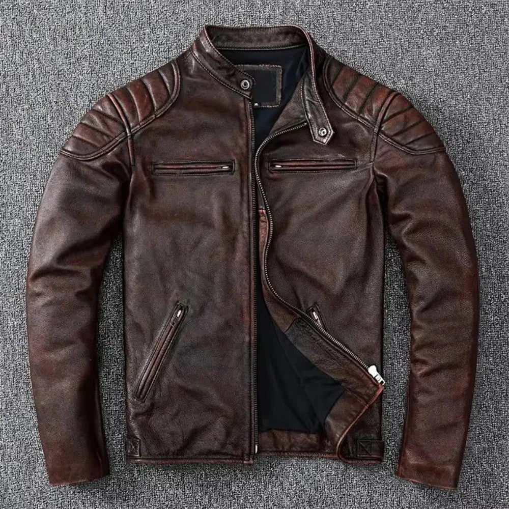 New 100% Cowhide Leather Jacket men Top Layer Clothes Men's Stand Collar Motorcycle Clothes  Autumn Winter Plus Size motorcycle