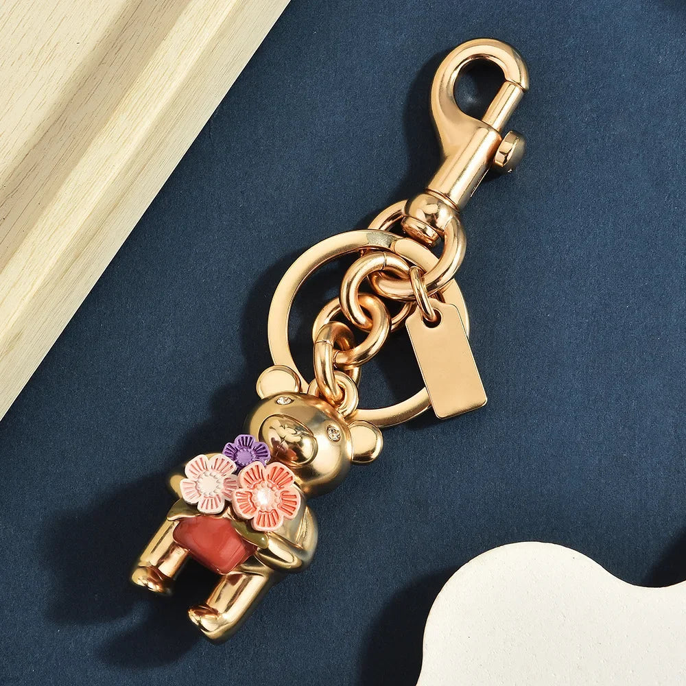 3D Metal Teddy Bear Keychain Heavy Duty Rose Gold Purse Charm Secure Trigger Clasp Accessory for Women Handbag Holiday Presents