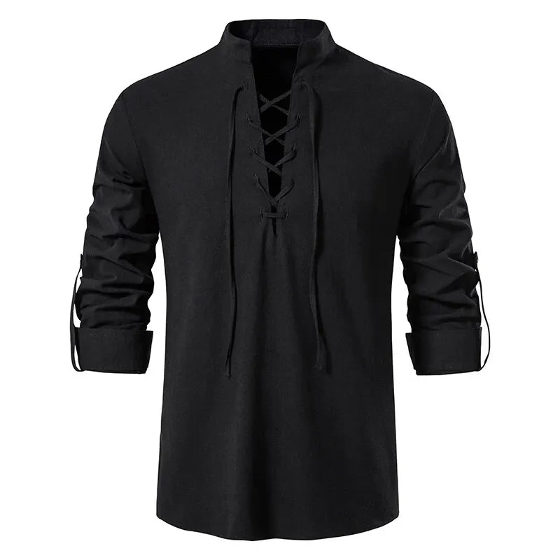 King Billion Men's Shirts Casual Men Cotton Linen Long Sleeve T-shirt Spring Autumn Vintage Shirt US Size Drawstring Neck