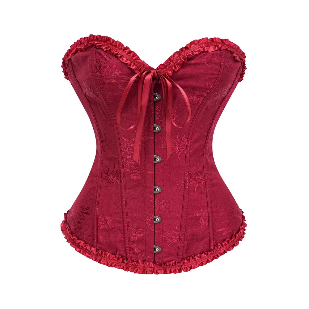 USA-Made Jacquard Ruffled Overbust Corset – Gothic Victorian Push-Up Bustier