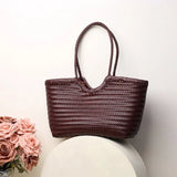 Leather woven bag, large-capacity women's tote bag, holiday leisure top layer cowhide shoulder bag, vegetable basket bag.