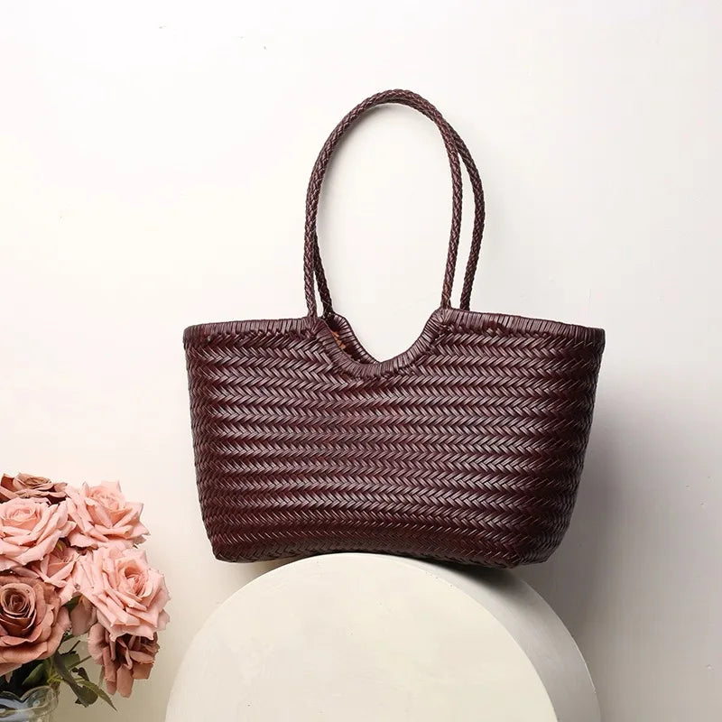 Leather woven bag, large-capacity women's tote bag, holiday leisure top layer cowhide shoulder bag, vegetable basket bag.