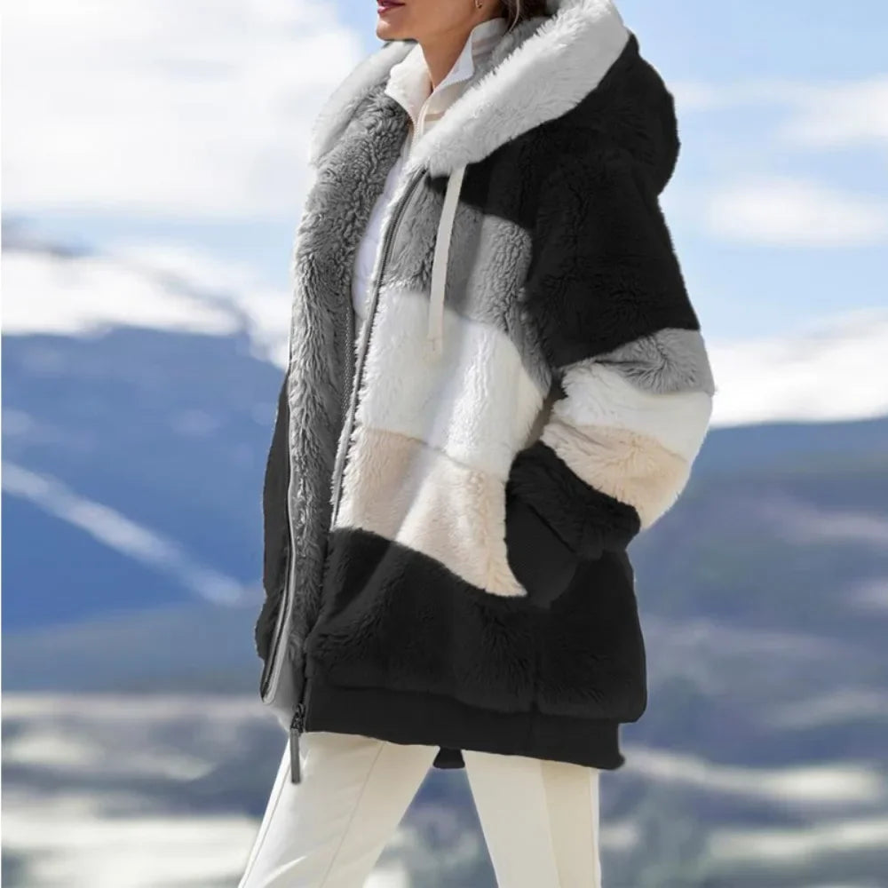 Hooded Plaid Spliced Winter Coat