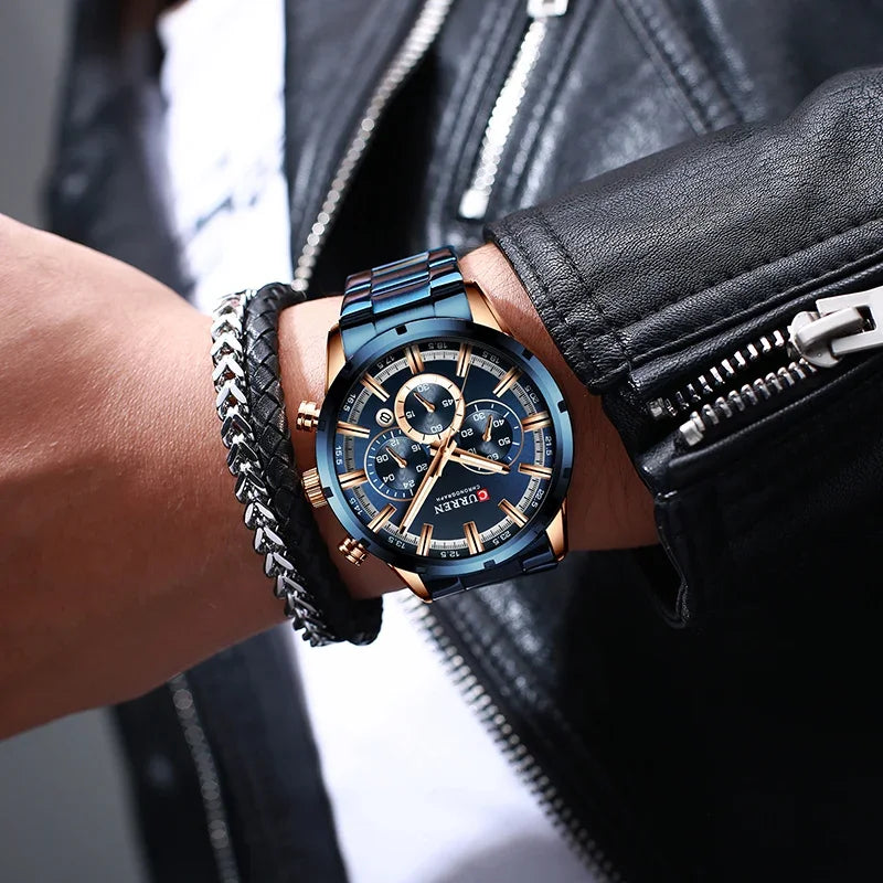 Men's six-needle multifunctional watch Waterproof calendar round strap stainless steel strap date men's business men's watch