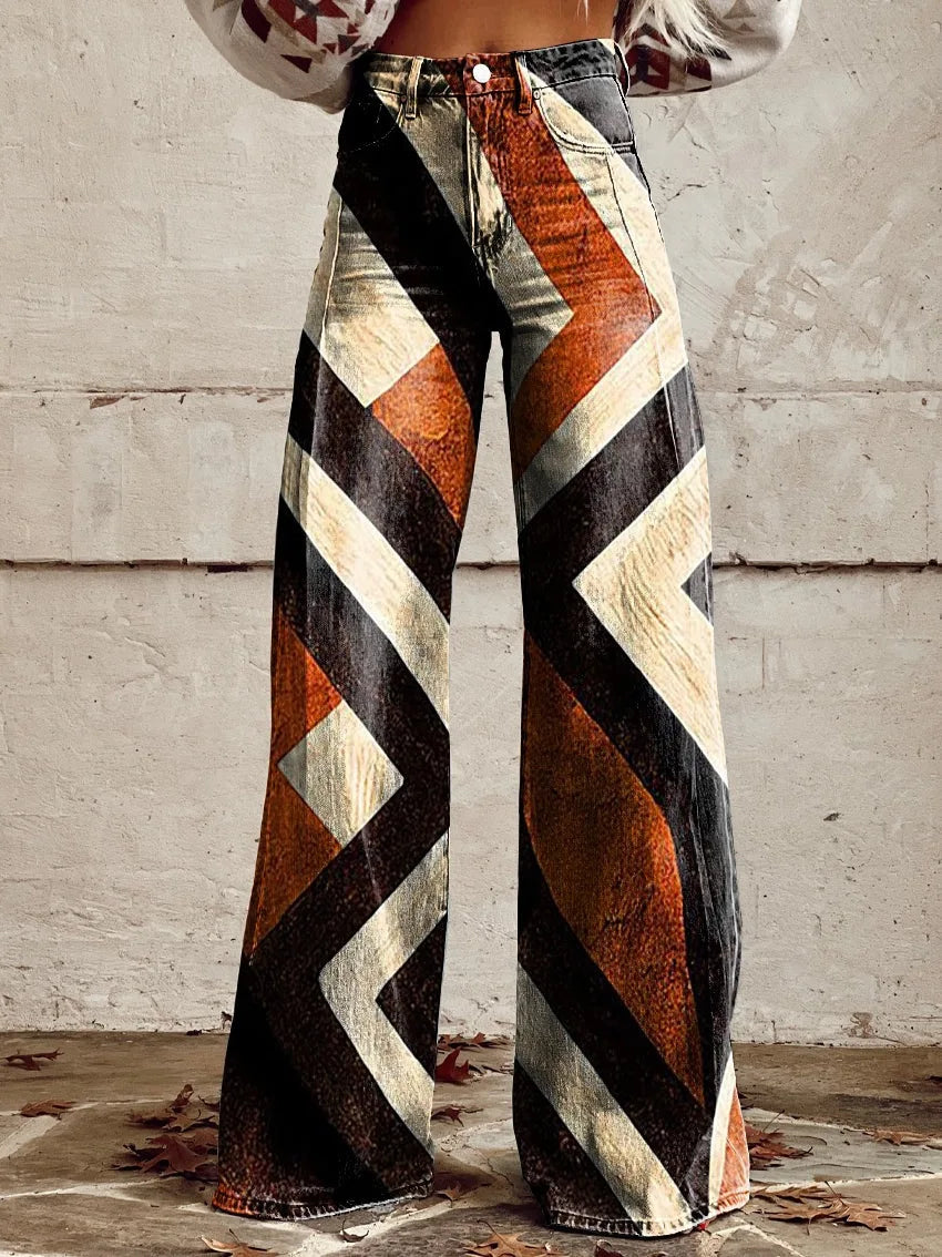 Women’s Retro Denim-Print Flared Trousers | USA Street Style Leg-Lengthening Tall Pants
