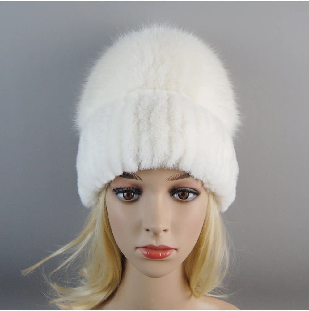 Women's Luxury Rex Rabbit & Fox Fur Beanie Hat