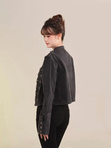 Women's American Retro Denim Military Inspired Cropped Jacket Long Sleeve Stand Collar Casual Y2k Motorcycle Coat