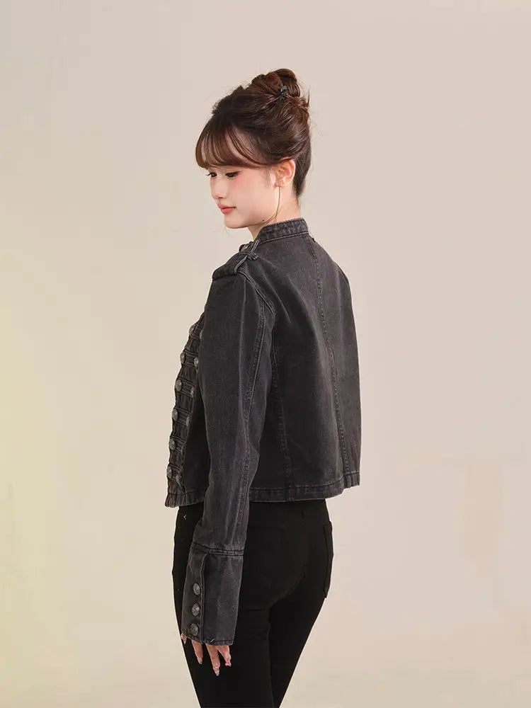 Women's American Retro Denim Military Inspired Cropped Jacket Long Sleeve Stand Collar Casual Y2k Motorcycle Coat