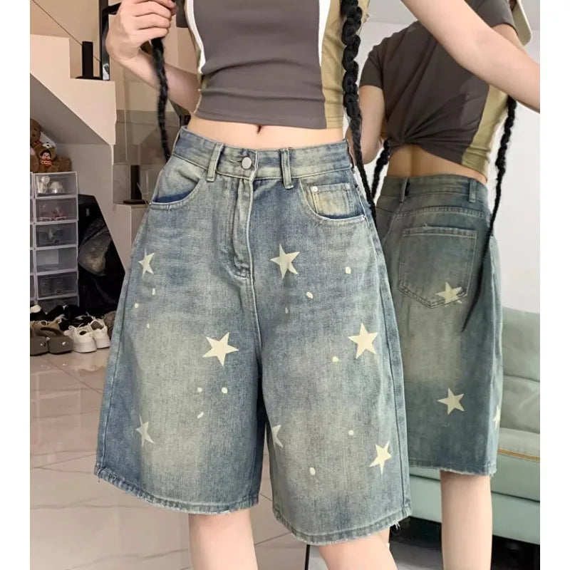 Floral Wide-Leg Women's Jeans – Retro Star Print