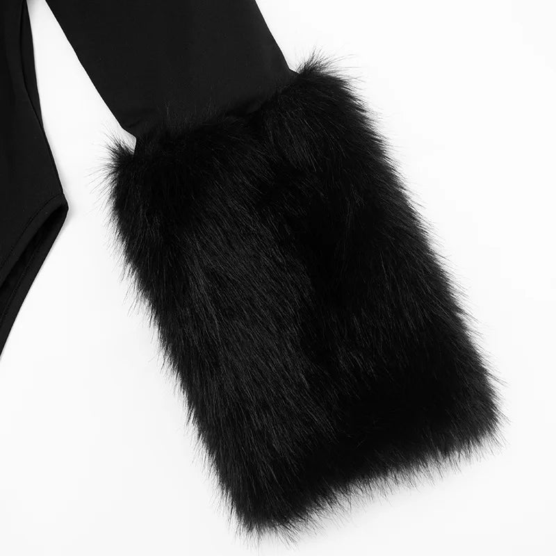 FAGADOER Winter New Sexy Fur Patchwork 2 Pieces Set for Woman Outfits Long Sleeves Bodycon Playsuits + Shorts Female Streetwear