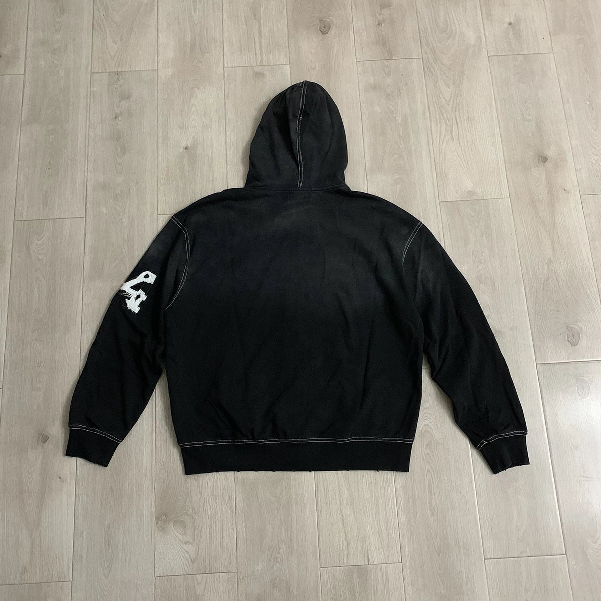 Streetwear Patchwork Letter Embroidery Zipper Terry Hooded Hoodie for Men Distressed Hole Cardigan Sweatshirt Jacket Oversized