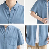 Men's Denim Shirt Long Sleeve Casual Outerwear Youth 2026 Fashion Streetwear Light Blue Button Up Top with Pockets Jeans Shirt
