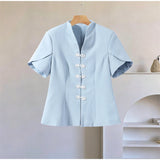 2026 Spring Summer Short Puff Sleeve Frog Button Shirt For Women Stand Collar  Single Breasted Blouse Lady Chic Street Party Top
