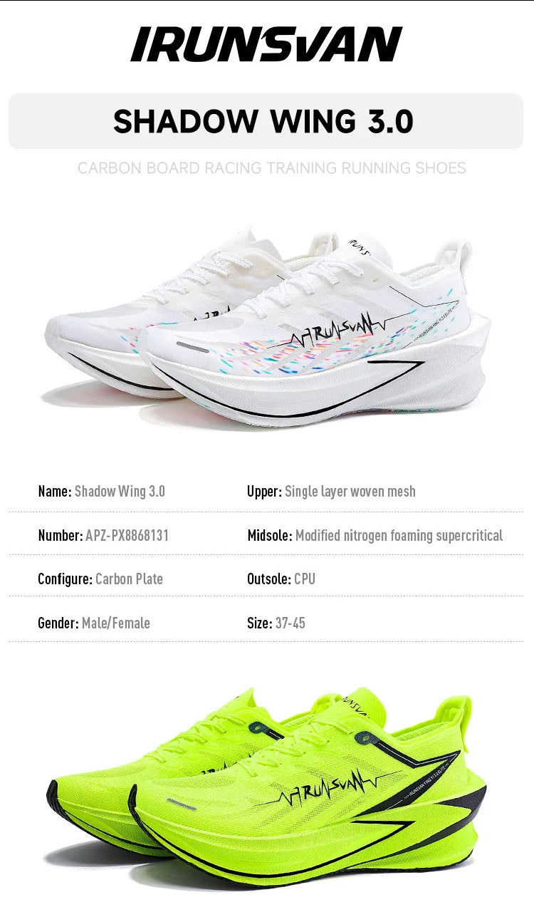IRUNSVAN 2025 Shadow Wing 3.0 Full Palm T800 Carbon Board Running Shoes Breathable and Durable Sports Shoes for Men and Women