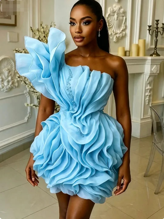 Asymmetric Ruffle Mini Dress | One-Shoulder Floral Gown