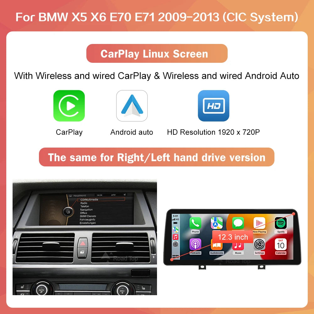 RoadTop 10.25"/12.3" Wireless CarPlay & Android Auto Screen for BMW X5 X6