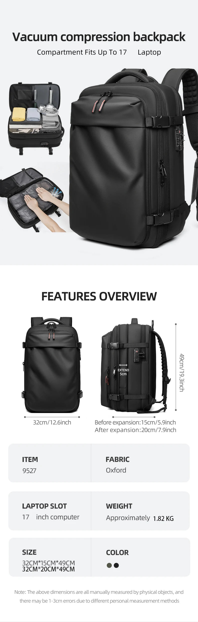 Vacuum Compression Travel Backpack – 17" Laptop & Adventure Ready