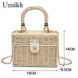 Rattan Straw Shoulder Bag Women Boho Hand-Woven Basket Messenger Pouch Summer Beach Square Box Top-handle Handbag