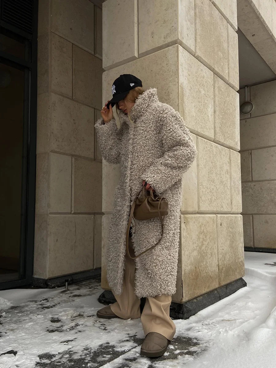 Gray Wool-Blend Faux Fur Maxi Coat