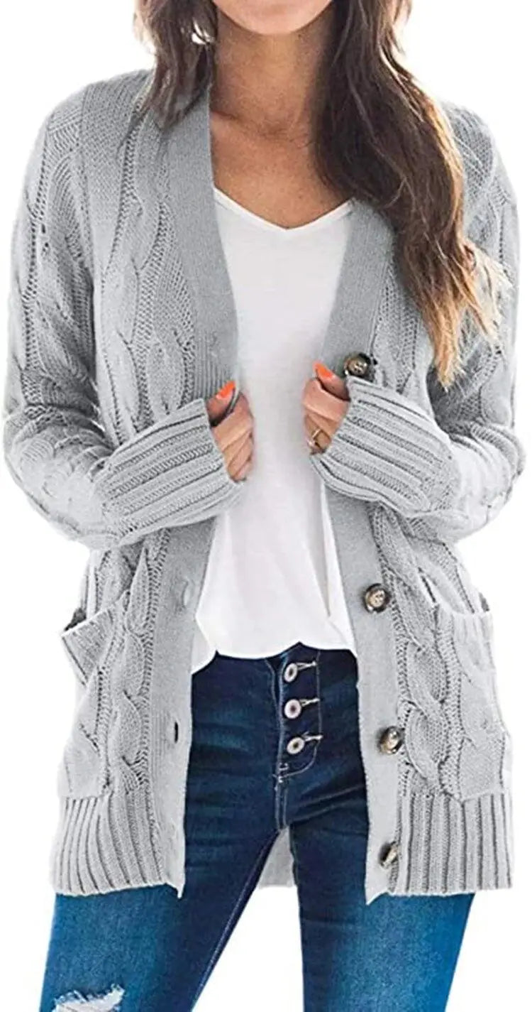 Women's V-Neck Button-Down Cardigan – Soft Loose Fit Knitted Sweater Jacket