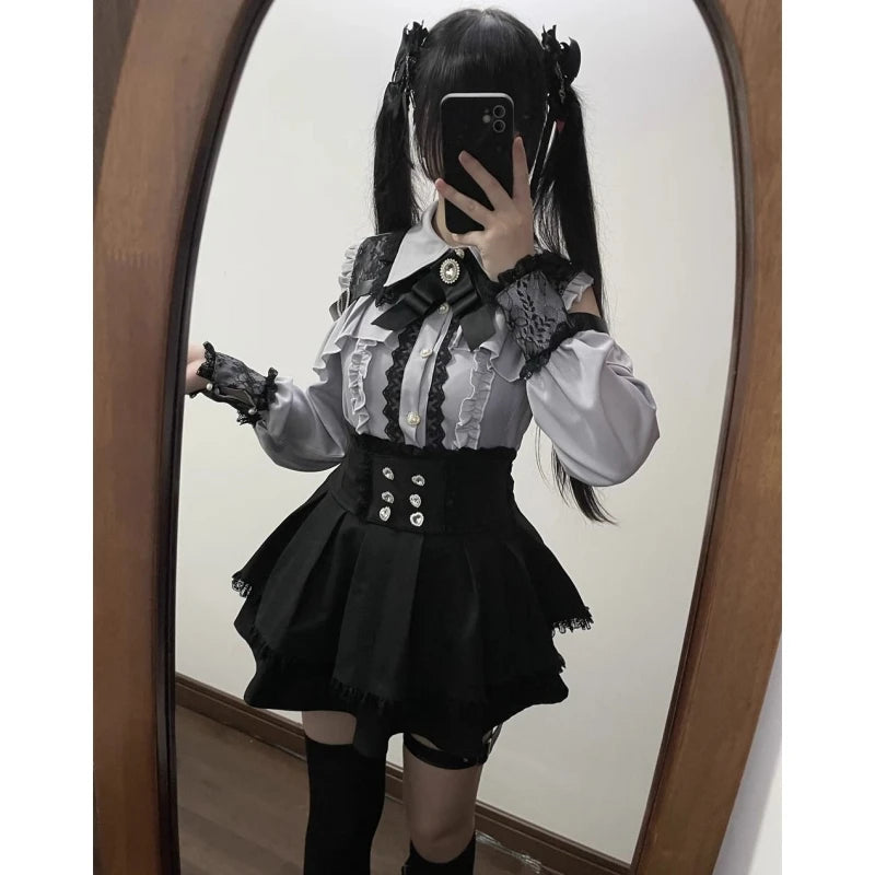 High Waist Lolita School orm Set Winter Faion oulder Bared irt And  Skirt Spicy Girl Clete Outfit Polyester ...