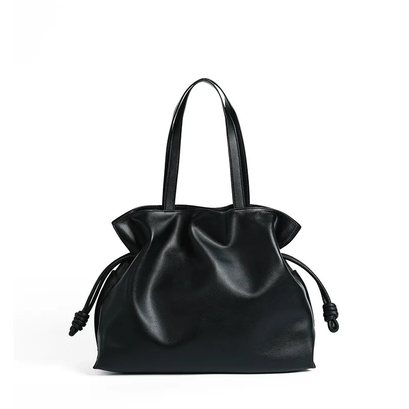 Autumn Winter High-End Leather Bucket Bag Drawstring Pleated Soft Cowhide Single Shoulder Tote Lucky Bag for Women
