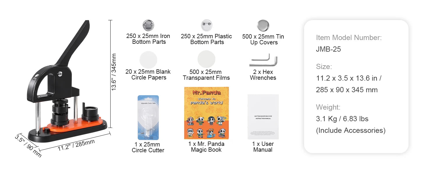 SucceBuy Button Maker 25/32/58 Pin Maker with Button Parts Ergonomic Arc Handle Punch Press Kit Button Maker Machine