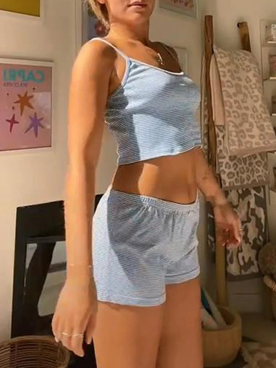 Fairy Kawaii Women Outfits 2 Pcs Sets y2k Aesthetic Spaghetti Strap Sleeveless Crop Top Button Short 2000s Matching Homewear