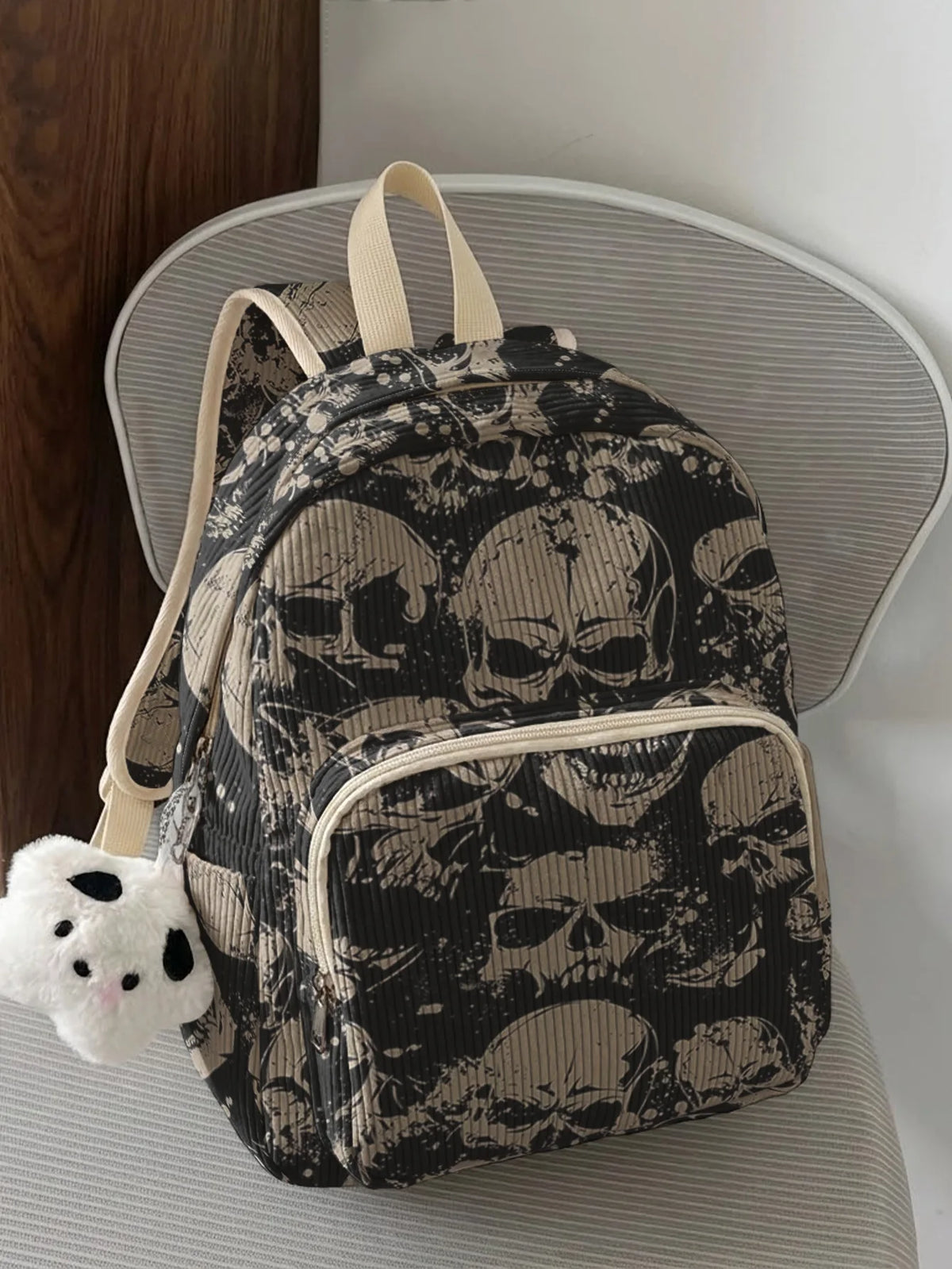 Gothic Skull Allover Print Women Fashion Backpack Corduroy Multi-pocket Large Capacity Commuter Bag