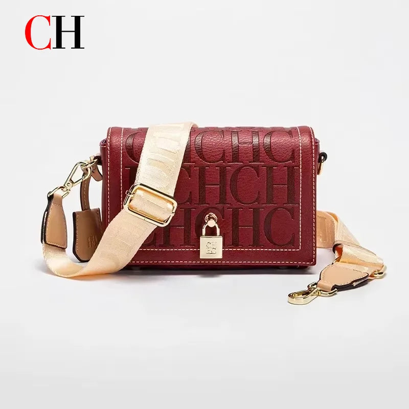 CH Crossbody Bag For Women Luxury Monogram Leather Handbag Fashion Wide Strap Shoulder Bag Elegant Lock Flap Bag For Daily Use