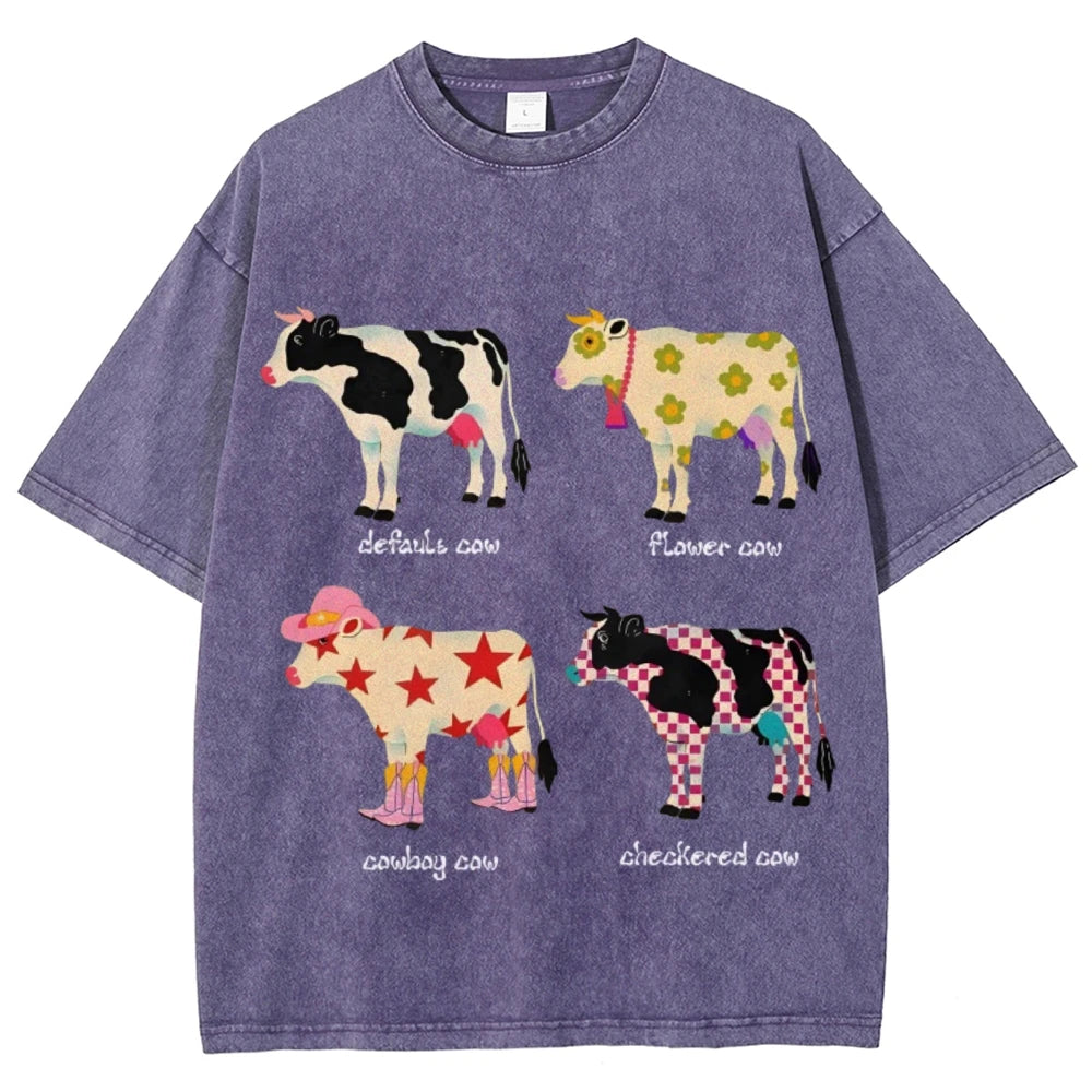 Cute Cartoon Cow Print T-Shirt Pure Cotton Washed Shoulder Round Neck Neutral Style Fashion Trend New High Quality Short Sleeves