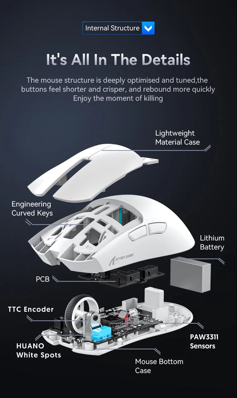 Attack Shark X11 PAW3311 Wireless Bluetooth Mouse, 2.4G 400IPS RGB PC Gaming Mouse
