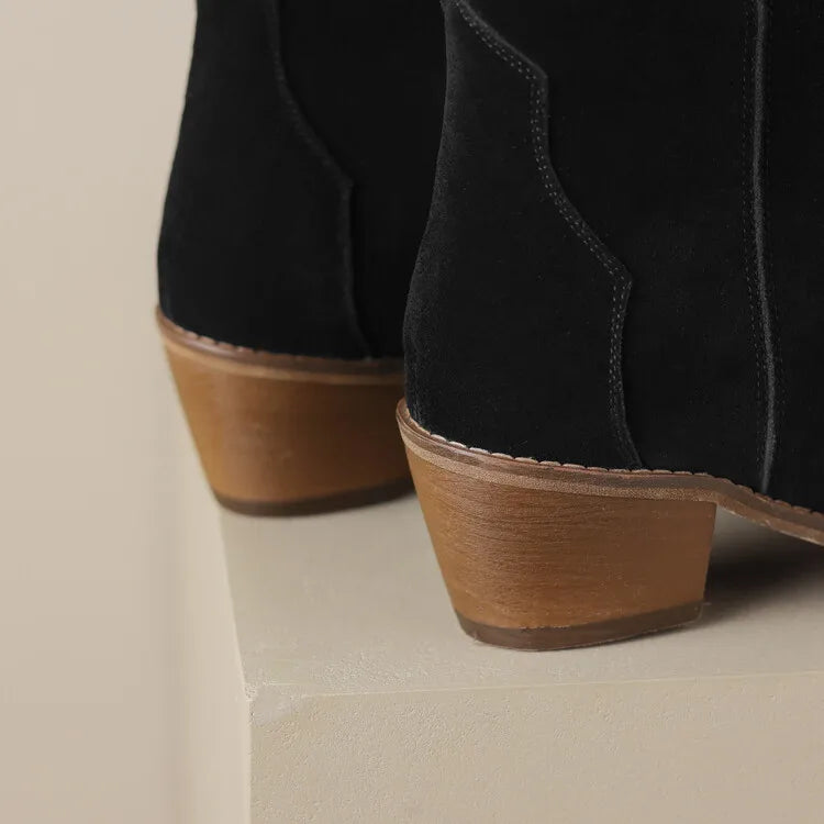 2026 Autumn Cow Suede Women Boots Pointed Toe Chunky Heel Boots for Women Fashion Short Boots Winter Boots Women Western Boots