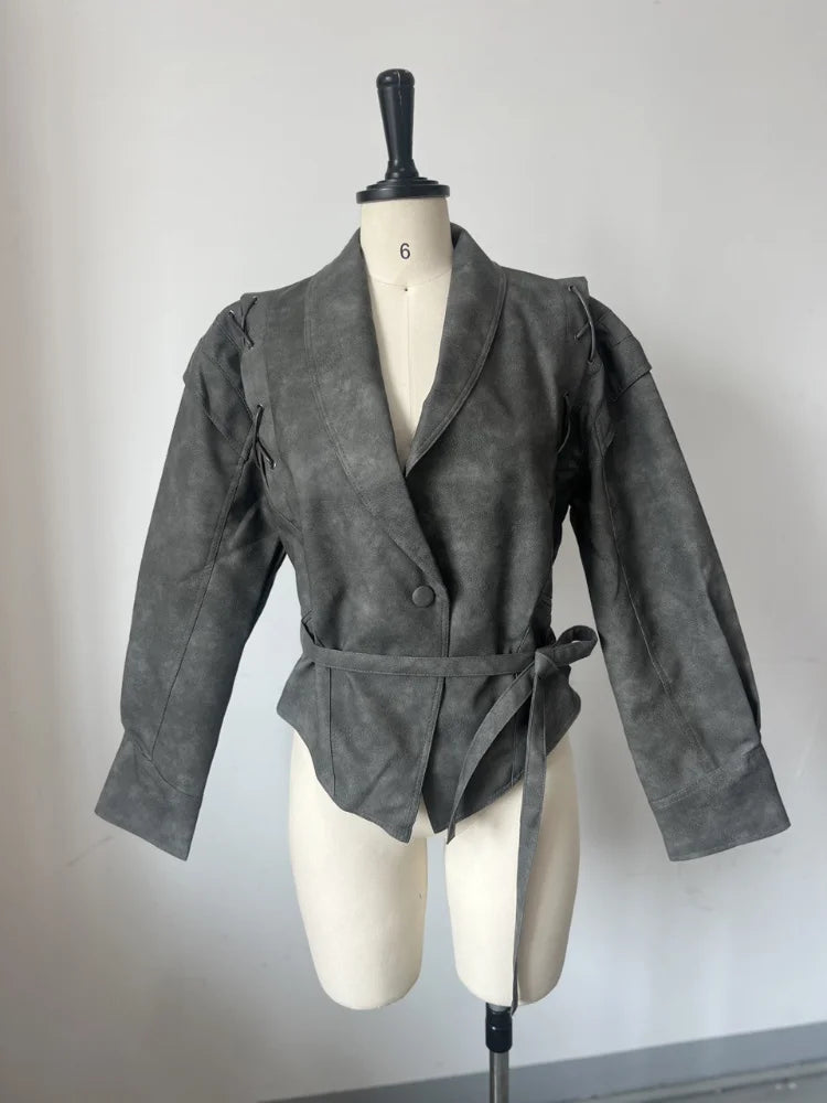Women Vintage Brown Leather Jacket Lapel Padded Shoulder High Waist Leather Coat With Belt 2025 Lady Autumn Fashion Short Coats