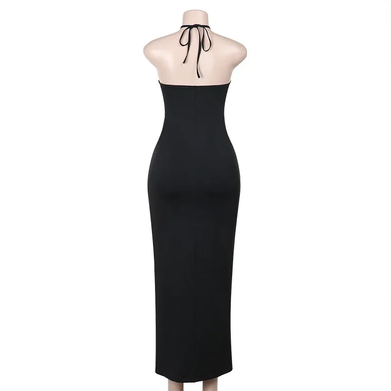 Elegant Mesh Patchwork Halter Gown