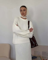 Hirsionsan Sexy Soft Elegant Vintage Women Suits 2 Pieces Female Sets Polo Neck Cardigan Sweater & Midi Dress Knitted TrackSuit