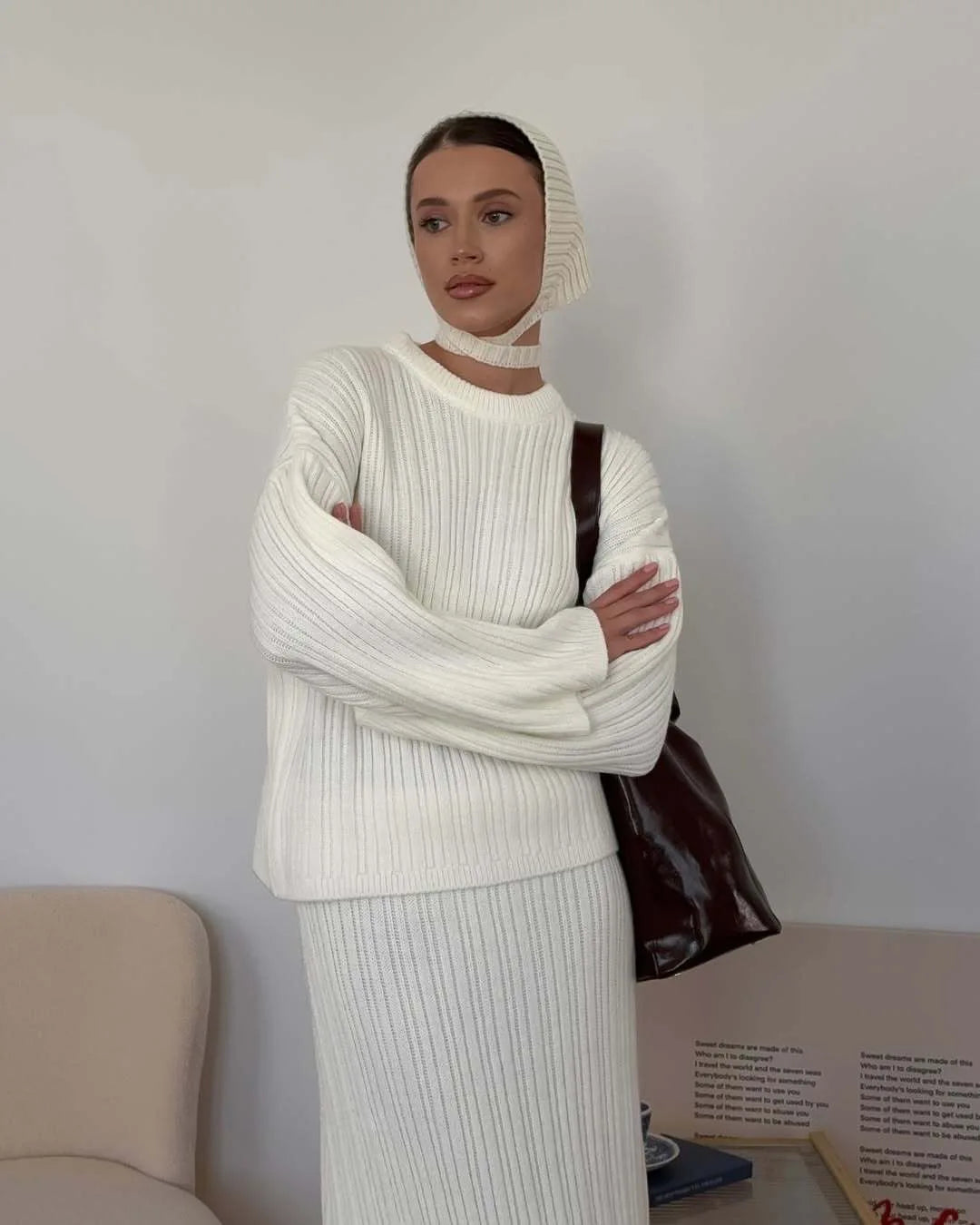 Hirsionsan Sexy Soft Elegant Vintage Women Suits 2 Pieces Female Sets Polo Neck Cardigan Sweater & Midi Dress Knitted TrackSuit