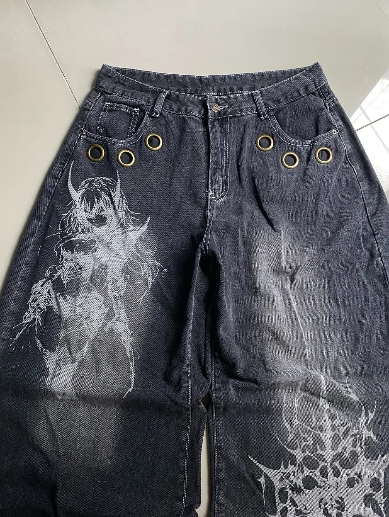 Men's Y2K Oversized Wide-Leg Embroidered Denim Jeans
