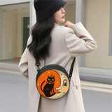 Women Orange White Cat Moon Round Crossbody Bag, Soft Light Zipper Shoulder Bag, Trendy Handbag for Work Shopping Travel