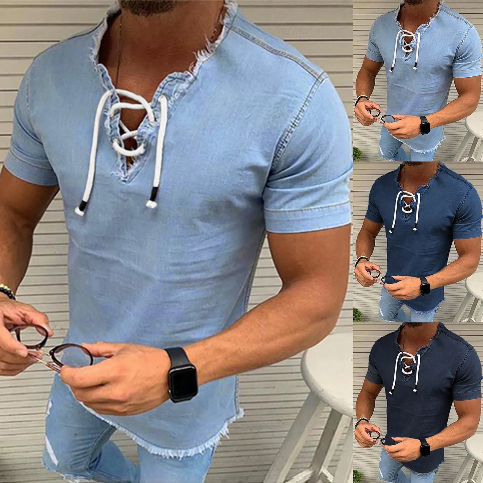 Jeans Shirt Jackets For Man Short Shirt Tops Male V Tassel Denim Solid Neck Sleeve Blouse Men рубашка мужская с длинным рукавом